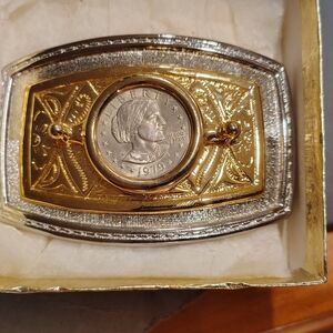 Two-Tone Ornate Belt Buckle with Coin Center